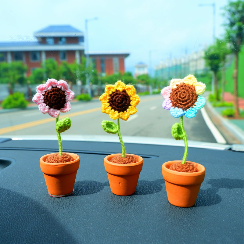 2Pcs Mini Sunflower Car Accessories, Crochet Rainbow/Yellow/Pink Sunflower Car Dashboard Decor, Cute Mini Car Accessories for Women Boho