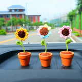 2Pcs Mini Sunflower Car Accessories, Crochet Rainbow/Yellow/Pink Sunflower Car Dashboard Decor, Cute Mini Car Accessories for Women Boho