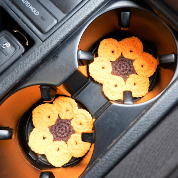 Crochet Car Coasters, Set of 2, Sunflower Car Coasters, Boho Car Accessories For Women, 2.5'' Car Coasters, Handmade Car Coasters