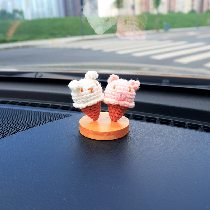 Kawaii Ice Cream Car Dashboard Decor, Crochet Bunny/Piggy Car Accessories, Cute Car Accessories for Teens/Women, Car Interior Decor