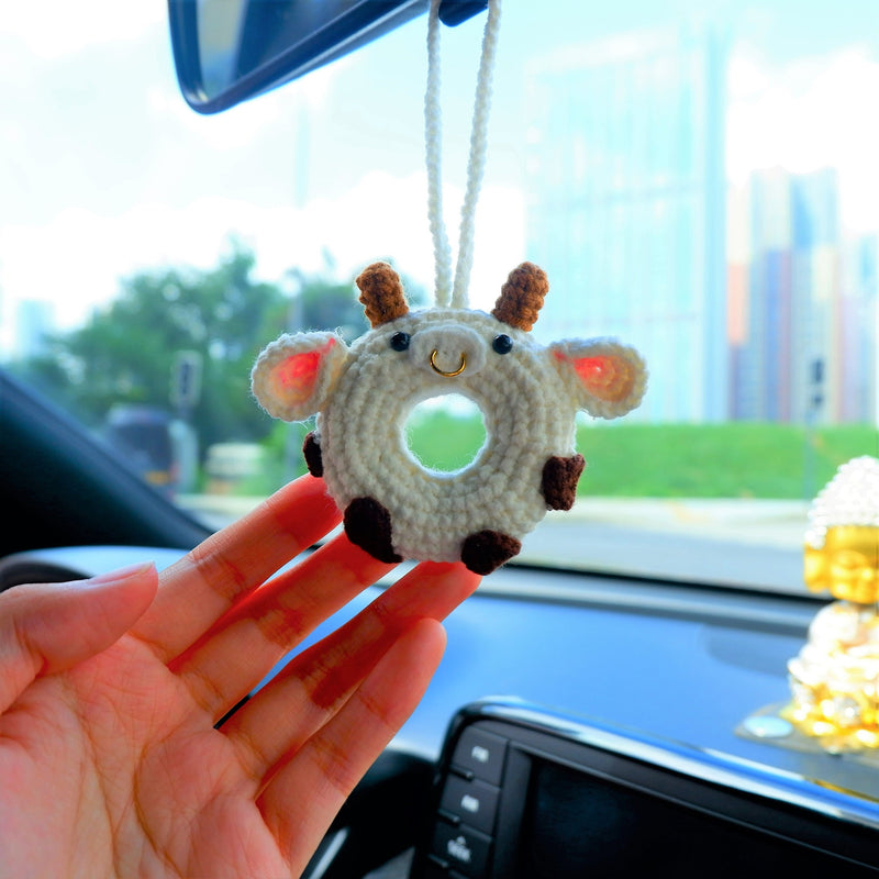 Crochet Car Hanging Charm, Cute Cow Donut Car Mirror Hanging Accessory for Women, Kawaii Car Interior Decor Boho, Gift for Her