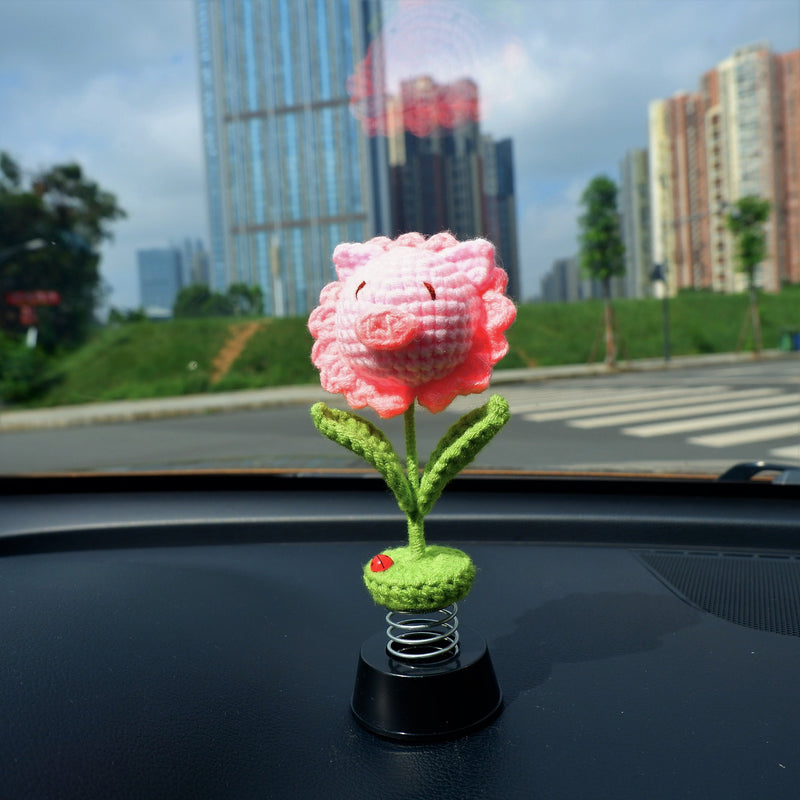 Cute Car Dashboard Decor, Crochet Pink Sunflower Piggy Car Accessories for Women, Kawaii Car Air Freshener, Sunflower Car Interior Decor