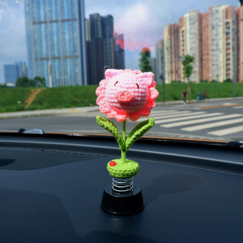 Cute Car Dashboard Decor, Crochet Pink Sunflower Piggy Car Accessories for Women, Kawaii Car Air Freshener, Sunflower Car Interior Decor