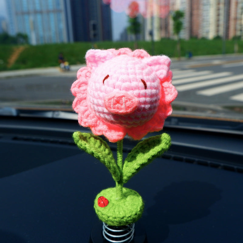 Cute Car Dashboard Decor, Crochet Pink Sunflower Piggy Car Accessories for Women, Kawaii Car Air Freshener, Sunflower Car Interior Decor