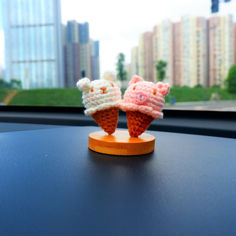 Kawaii Ice Cream Car Dashboard Decor, Crochet Bunny/Piggy Car Accessories, Cute Car Accessories for Teens/Women, Car Interior Decor