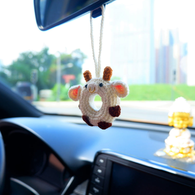 Crochet Car Hanging Charm, Cute Cow Donut Car Mirror Hanging Accessory for Women, Kawaii Car Interior Decor Boho, Gift for Her