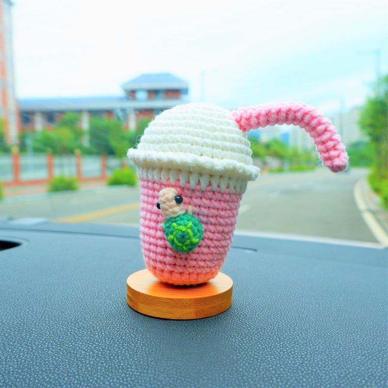 Kawaii Car Dashboard Decor, Crochet Mini Sea Turtle/Boba Bubble Milk Tea Car Accessories for Women, Cute Car Interior Decoration for Girls