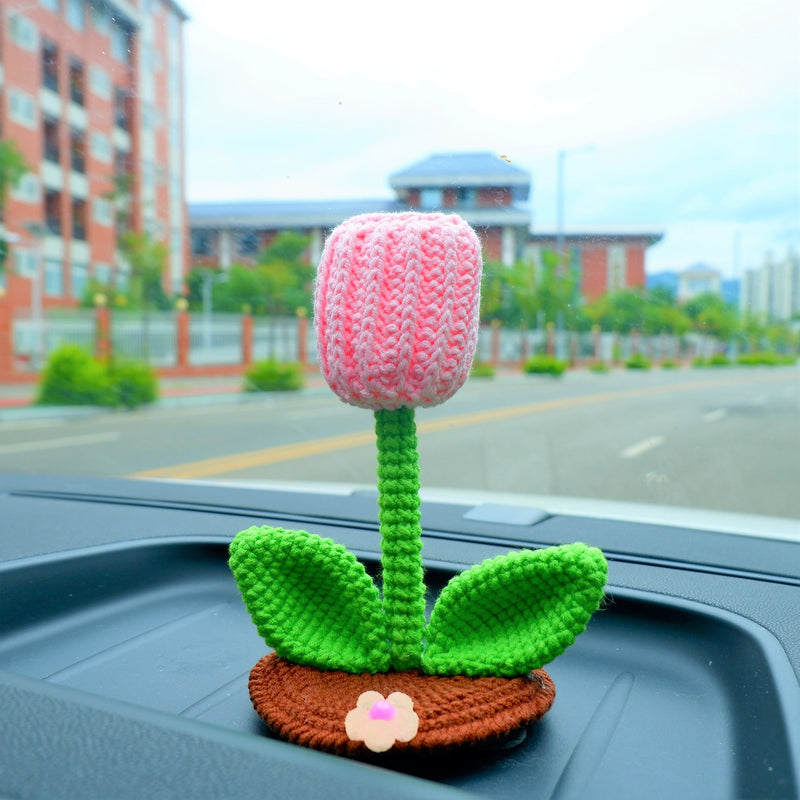 Crochet Sunflower/Tulip Car Phone Holder, Rainbow Smiley Sunflower Dashboard Decor, Boho Car Accessories for Women, Plant Car Phone Mount