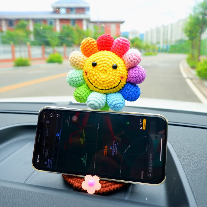 Crochet Sunflower/Tulip Car Phone Holder, Rainbow Smiley Sunflower Dashboard Decor, Boho Car Accessories for Women, Plant Car Phone Mount