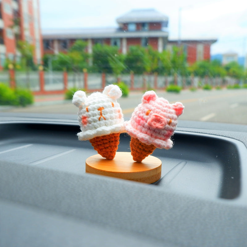 Kawaii Ice Cream Car Dashboard Decor, Crochet Bunny/Piggy Car Accessories, Cute Car Accessories for Teens/Women, Car Interior Decor