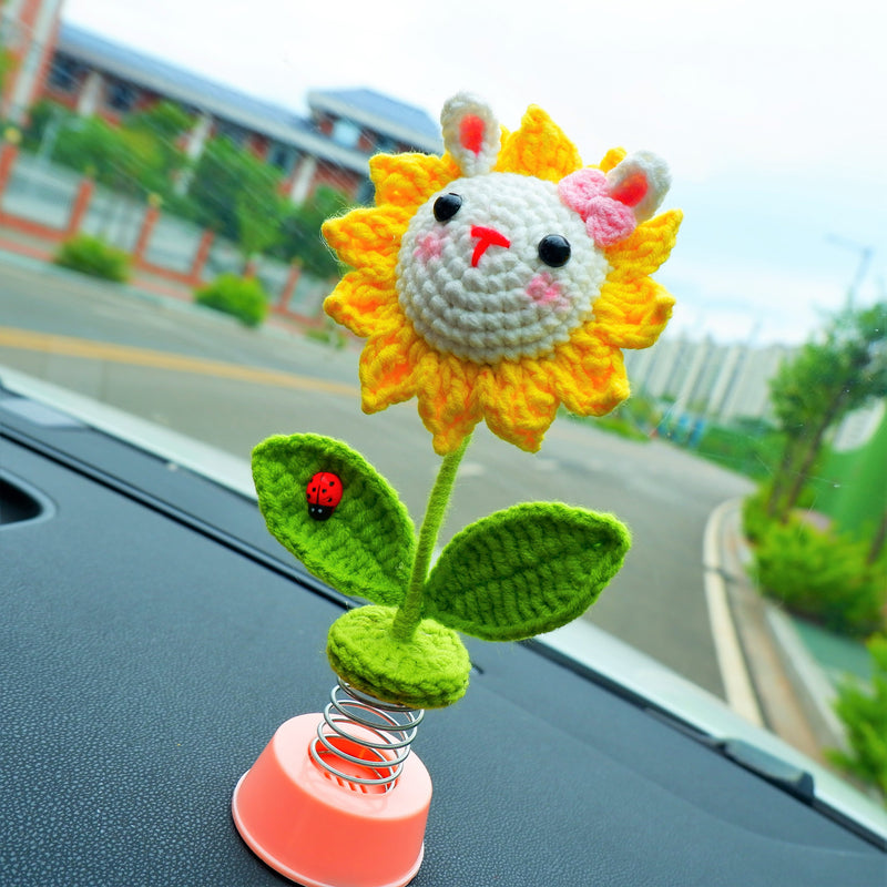 Cute Sunflower Car Accessories, Crochet Bunny Sunflower Car Dashboard Decor for Women, Boho Car Air Freshener, Christmas Gift