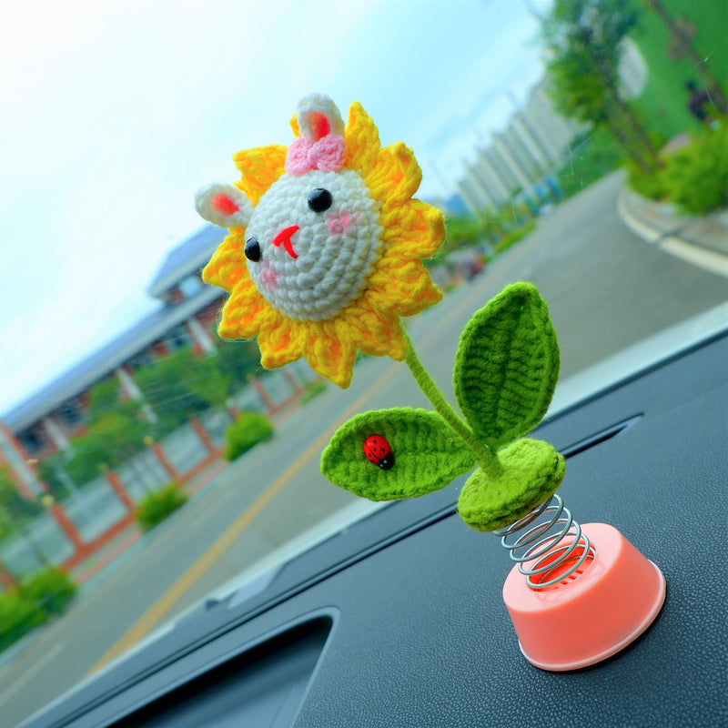 Cute Sunflower Car Accessories, Crochet Bunny Sunflower Car Dashboard Decor for Women, Boho Car Air Freshener, Christmas Gift