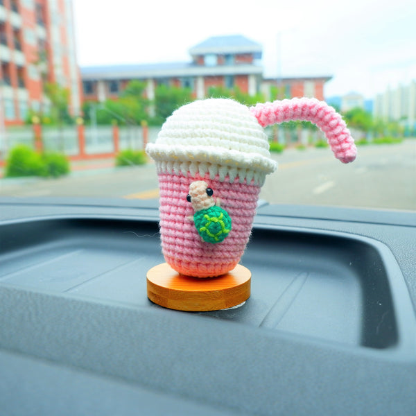 Kawaii Car Dashboard Decor, Crochet Mini Sea Turtle/Boba Bubble Milk Tea Car Accessories for Women, Cute Car Interior Decoration for Girls