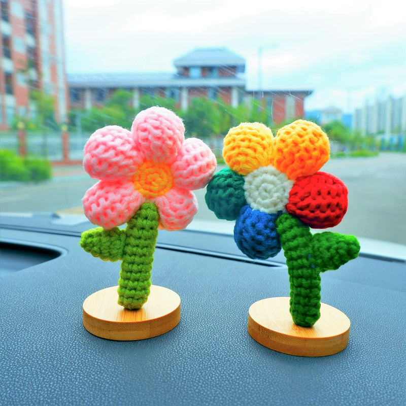 Crochet Rainbow Flower Car Accessories, Cute Little Flowers Car Dashboard Decor, Kawaii Colorful Car Interior Decoration, Christmas Gifts