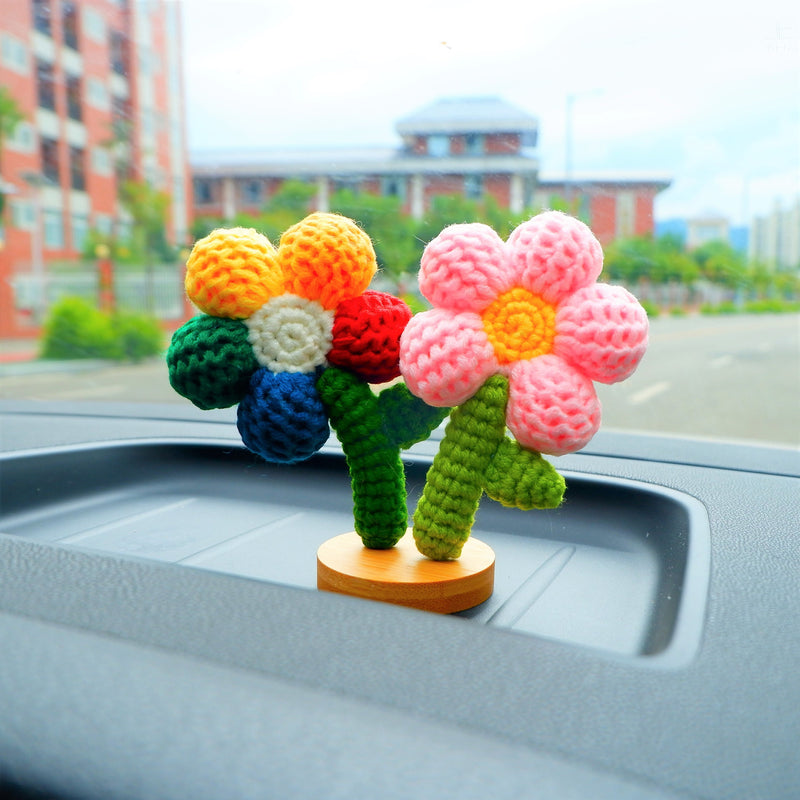 Crochet Rainbow Flower Car Accessories, Cute Little Flowers Car Dashboard Decor, Kawaii Colorful Car Interior Decoration, Christmas Gifts