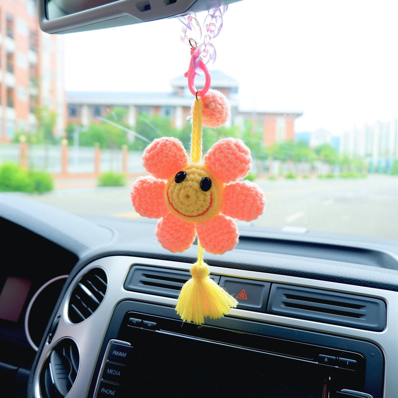 Crochet Pink Sunflower Car Hanging Accessory, Cute Smiley Sunflower Car Rear Mirror Hanging Accessory with Tassel, Car Interior Decor Boho