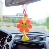 Crochet Pink Sunflower Car Hanging Accessory, Cute Smiley Sunflower Car Rear Mirror Hanging Accessory with Tassel, Car Interior Decor Boho