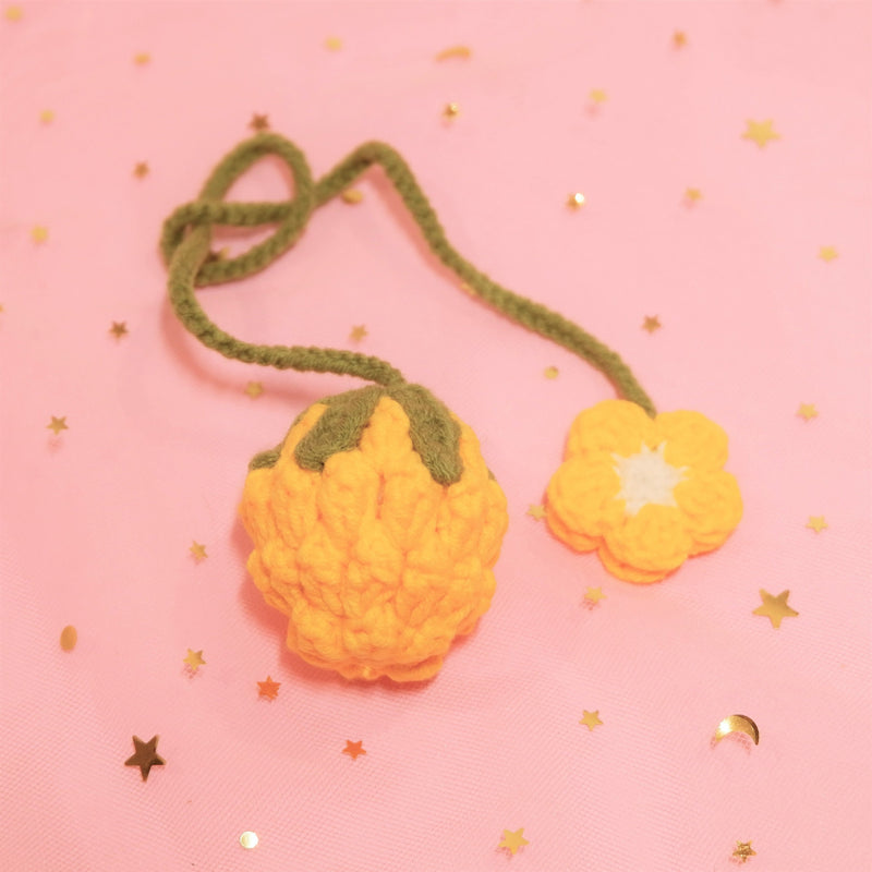 2Pcs Crochet Peach/Lemon/Pineapple Flower Car Mirror Hanging Accessories, Cute Fruit Theme Car Hanging Charm for Women, Car Interior Decor