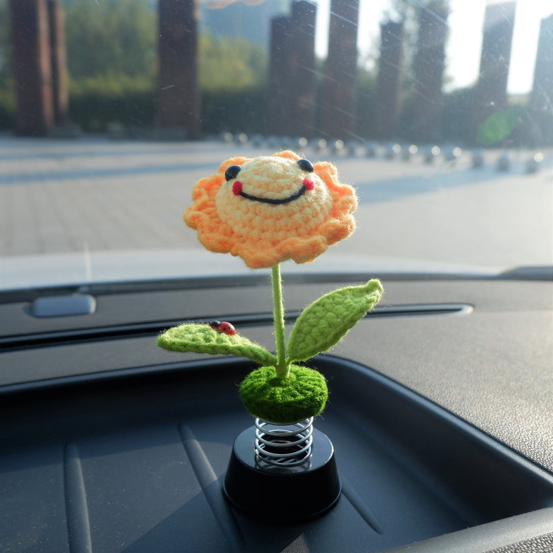 Cute Bobblehead Sunflower Car Dashboard Decor, Crochet Smiley Sunflower Car Accessories for Women, Boho Car Air Freshener, Christmas Gift