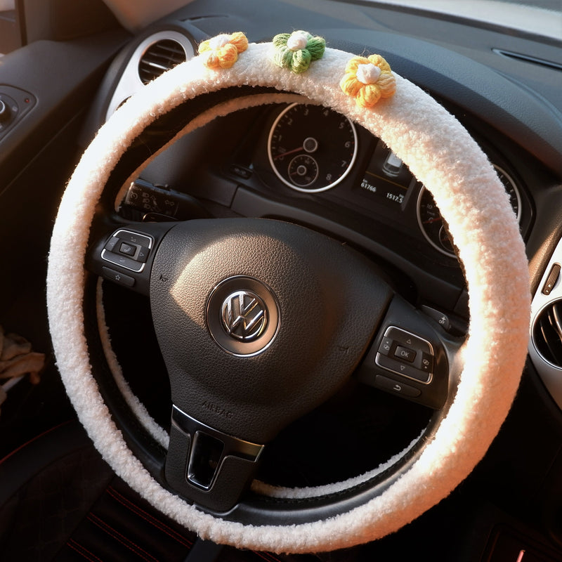 Crochet Gradient Fluffy Flower Steering Wheel Cover, Berber Fleece/Sherpa Swirls Steering Wheel Cover, Winter Car Accessories for Women