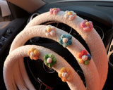 Crochet Gradient Fluffy Flower Steering Wheel Cover, Berber Fleece/Sherpa Swirls Steering Wheel Cover, Winter Car Accessories for Women