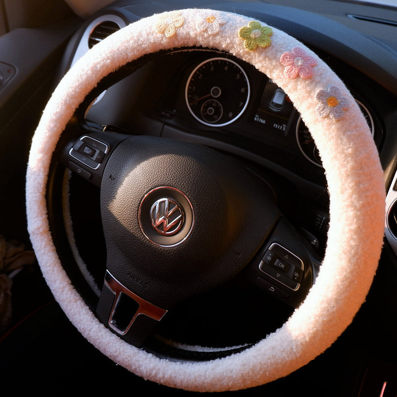 Cute Faux Wool Steering Wheel Cover, Flower/Daisy Patch Steering Wheel Cover, Car Accessories for Women, Steering Wheel Cover with Grip