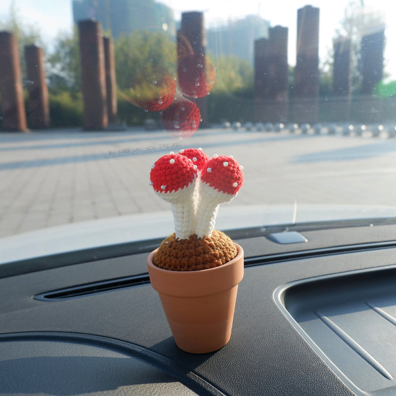 Crochet Mini Potted Plants, Mushroom Car Dashboard Decor, Kawaii Car Accessory for Women, Work from Home Gift, Office Desk Accessories