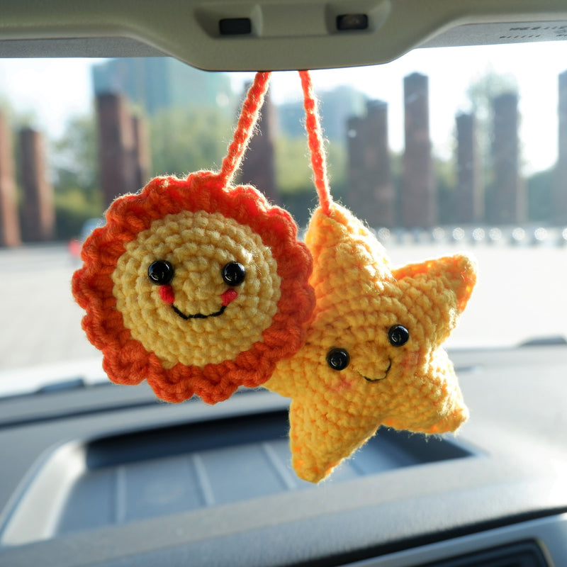 Crochet Smiley Sun & Star Car Hanging Accessories, Cute Smile Face Car Rear View Mirror Hanging Accessory for Women, Car Interior Decor Boho