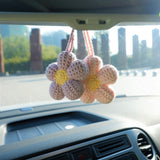 2Pcs Kawaii Waffle Flower Car Hanging Accessories, Crochet Flower Car Mirror Hanging Accessory for Women, Car Interior Decor Boho