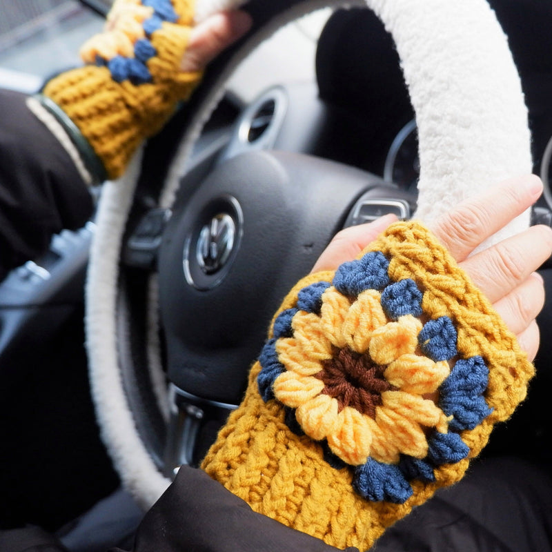 Crochet Driving Gloves, Knit Sunflower/Daisy Fingerless Driving Gloves, Boho Flower Gloves, Winter Warm Gloves, Car Accessories for Women