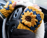 Crochet Driving Gloves, Knit Sunflower/Daisy Fingerless Driving Gloves, Boho Flower Gloves, Winter Warm Gloves, Car Accessories for Women