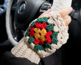 Crochet Driving Gloves, Knit Sunflower/Daisy Fingerless Driving Gloves, Boho Flower Gloves, Winter Warm Gloves, Car Accessories for Women