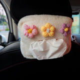 Crochet Fluffy Flower Car Tissue Box, Berber Fleece/Sherpa Car Tissue Box Holder, Cute Tissue Cover, Winter Car Accessories for Women