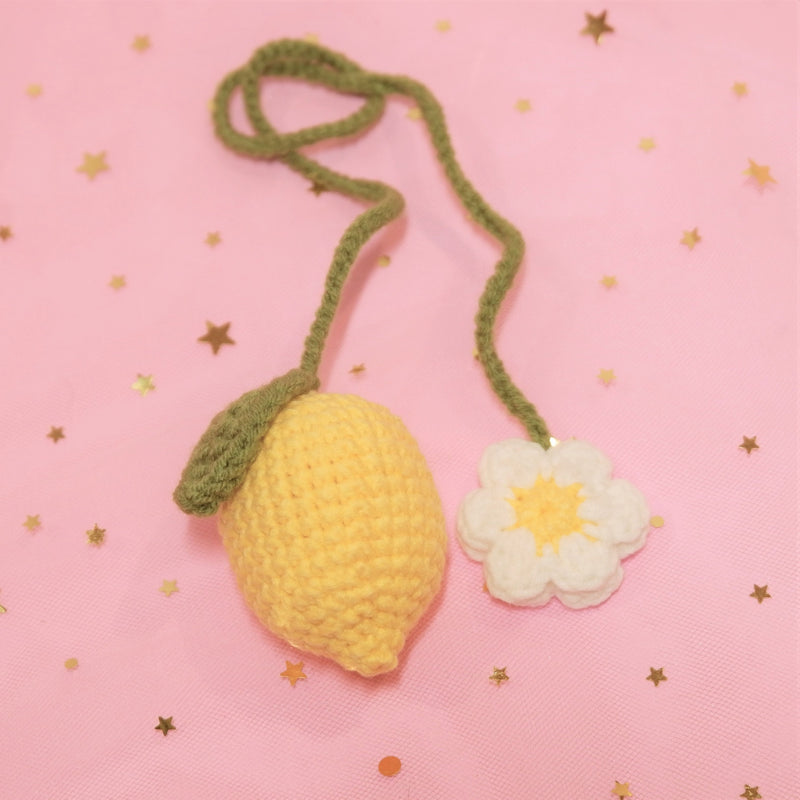 2Pcs Crochet Peach/Lemon/Pineapple Flower Car Mirror Hanging Accessories, Cute Fruit Theme Car Hanging Charm for Women, Car Interior Decor