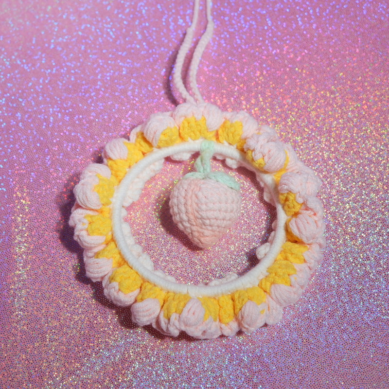 Crochet Wreath Car Accessories, Cute Peach/Smiley Sun/Sprout Mirror Hanging Accessory for Women, Car Interior Decor Boho, Gift for Her