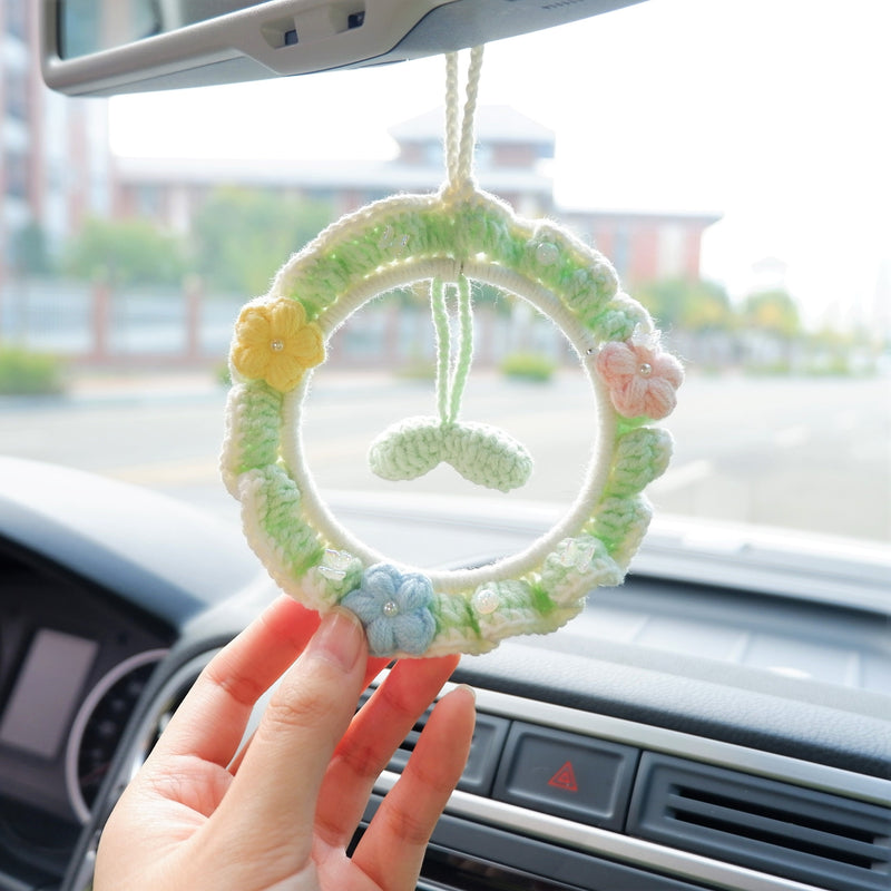 Crochet Wreath Car Accessories, Cute Peach/Smiley Sun/Sprout Mirror Hanging Accessory for Women, Car Interior Decor Boho, Gift for Her