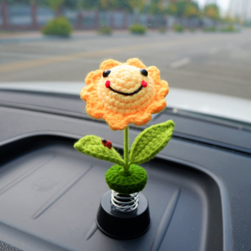 Cute Bobblehead Sunflower Car Dashboard Decor, Crochet Smiley Sunflower Car Accessories for Women, Boho Car Air Freshener, Christmas Gift