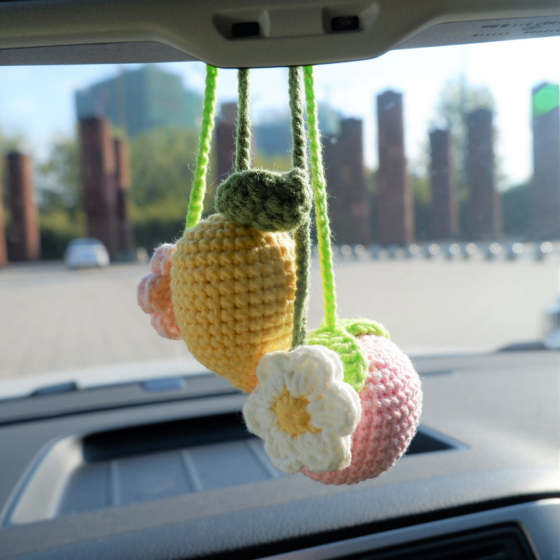 2Pcs Crochet Peach/Lemon/Pineapple Flower Car Mirror Hanging Accessories, Cute Fruit Theme Car Hanging Charm for Women, Car Interior Decor