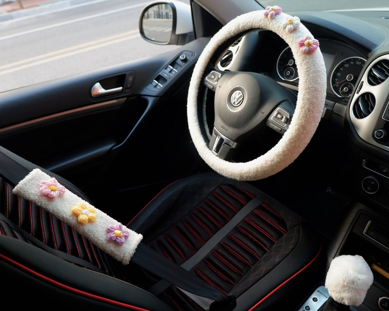 Crochet Gradient Fluffy Flower Steering Wheel Cover, Berber Fleece/Sherpa Swirls Steering Wheel Cover, Winter Car Accessories for Women