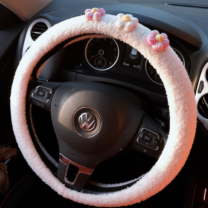 Crochet Gradient Fluffy Flower Steering Wheel Cover, Berber Fleece/Sherpa Swirls Steering Wheel Cover, Winter Car Accessories for Women