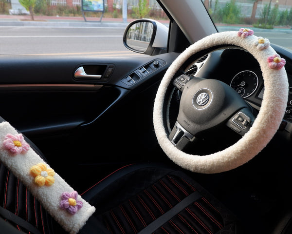 Crochet Gradient Fluffy Flower Steering Wheel Cover, Berber Fleece/Sherpa Swirls Steering Wheel Cover, Winter Car Accessories for Women