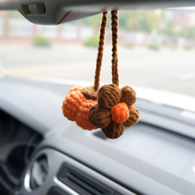 Crochet Pumpkin & Flower Car Hanging Accessories, Kawaii Pumpkin Car Rear View Mirror Hanging Accessory for Women, Car Interior Decor Boho