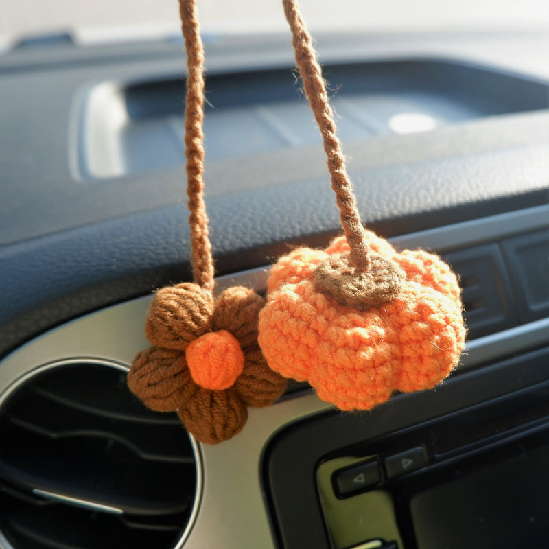 Crochet Pumpkin & Flower Car Hanging Accessories, Kawaii Pumpkin Car Rear View Mirror Hanging Accessory for Women, Car Interior Decor Boho