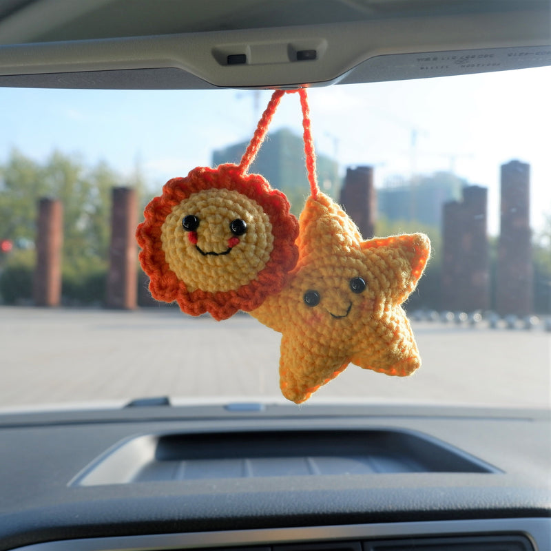 Crochet Smiley Sun & Star Car Hanging Accessories, Cute Smile Face Car Rear View Mirror Hanging Accessory for Women, Car Interior Decor Boho