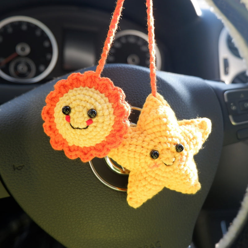 Crochet Smiley Sun & Star Car Hanging Accessories, Cute Smile Face Car Rear View Mirror Hanging Accessory for Women, Car Interior Decor Boho