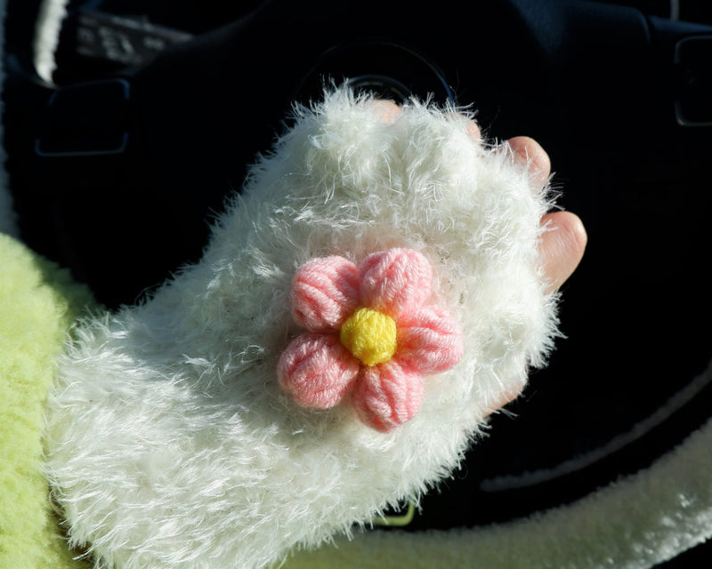 Crochet Driving Gloves for Women, Cute Faux Mink Plush Fingerless Driving Gloves, Pink Fluffy Flower Gloves, Winter Warm Gloves for Teens