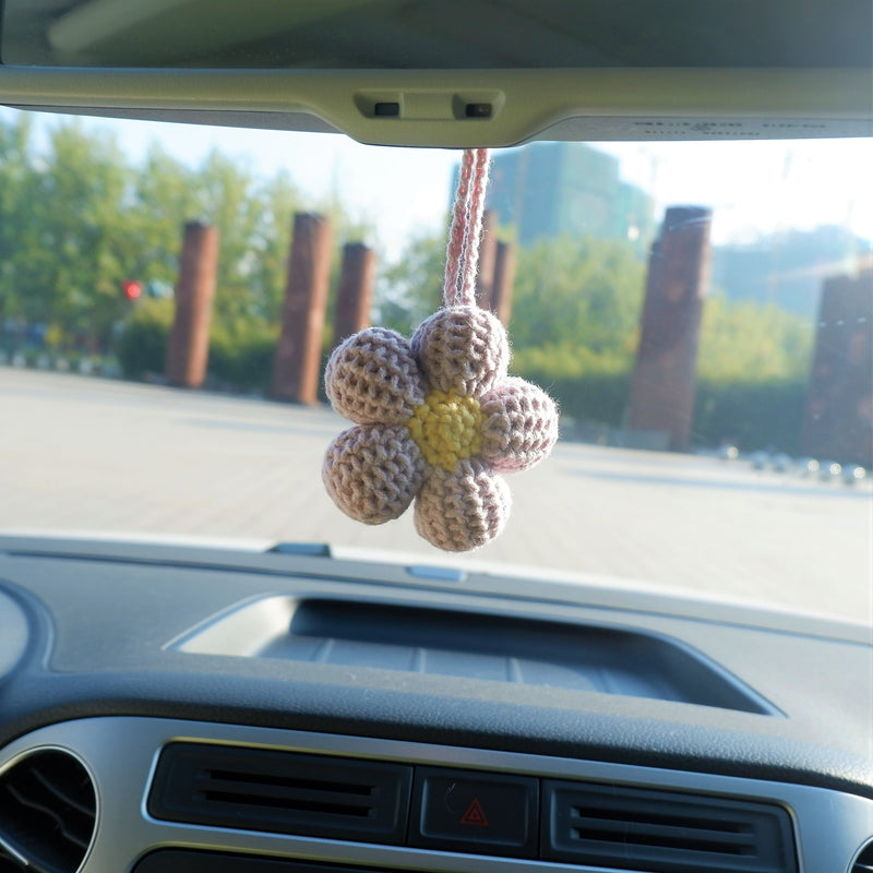 2Pcs Kawaii Waffle Flower Car Hanging Accessories, Crochet Flower Car Mirror Hanging Accessory for Women, Car Interior Decor Boho