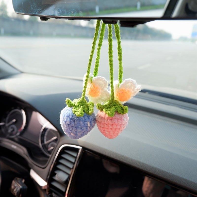 2Pcs Crochet Strawberry Car Mirror Accessory, Fluffy Flower Car Rear View Mirror Accessories Boho, Cute Interior Car Accessory for Women