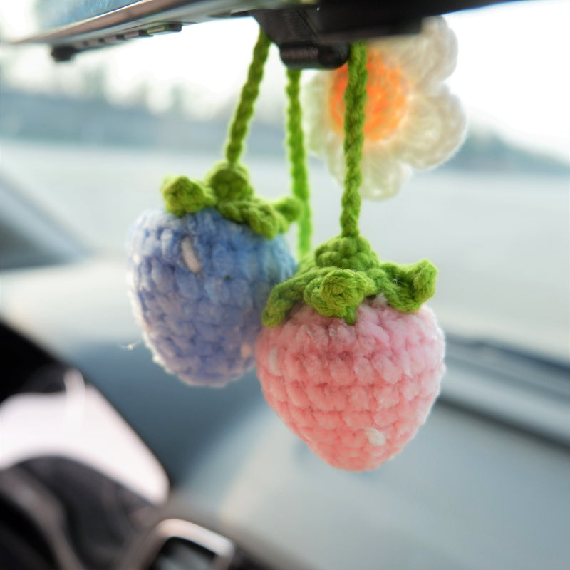 2Pcs Crochet Strawberry Car Mirror Accessory, Fluffy Flower Car Rear View Mirror Accessories Boho, Cute Interior Car Accessory for Women