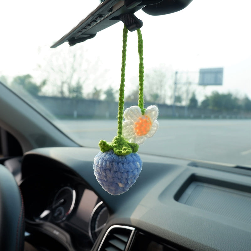 2Pcs Crochet Strawberry Car Mirror Accessory, Fluffy Flower Car Rear View Mirror Accessories Boho, Cute Interior Car Accessory for Women